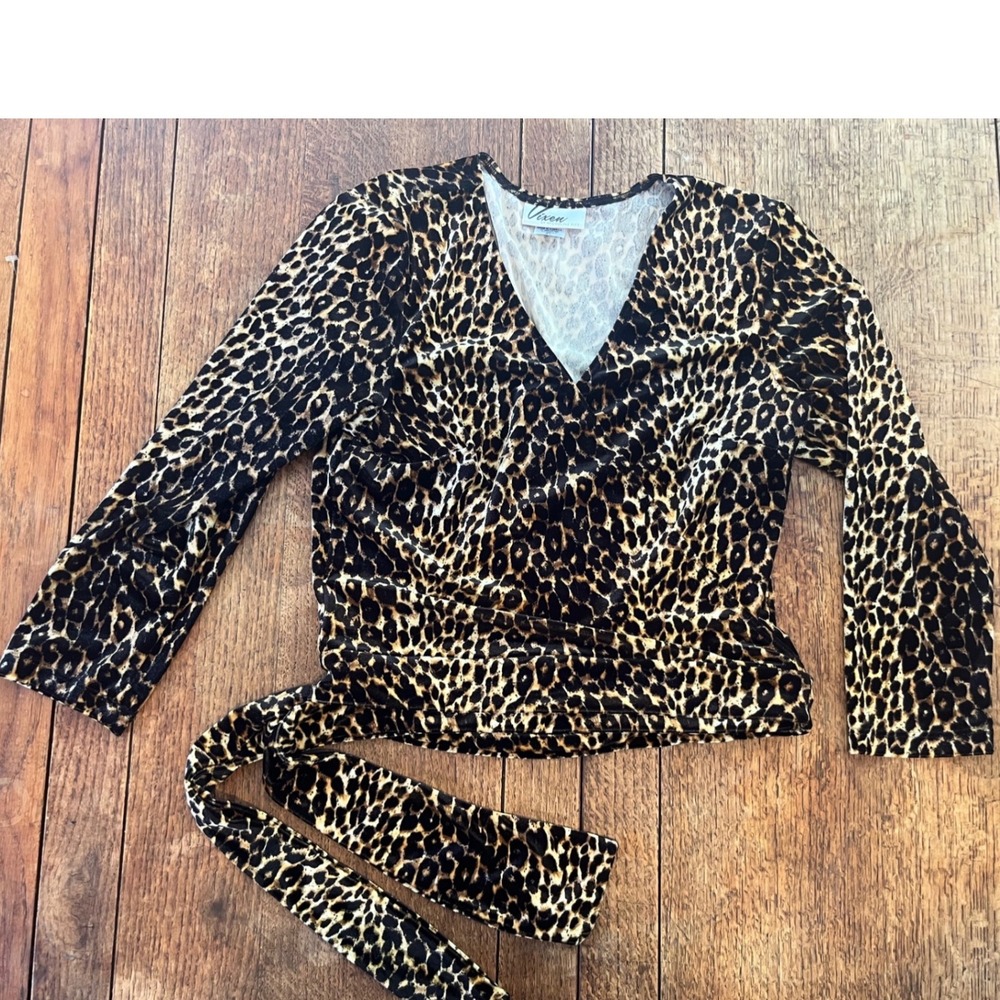 Vixen by Micheline Pitt leopard velet wrap top 3/4 sleeves pin-up retro XL - Picture 2 of 5